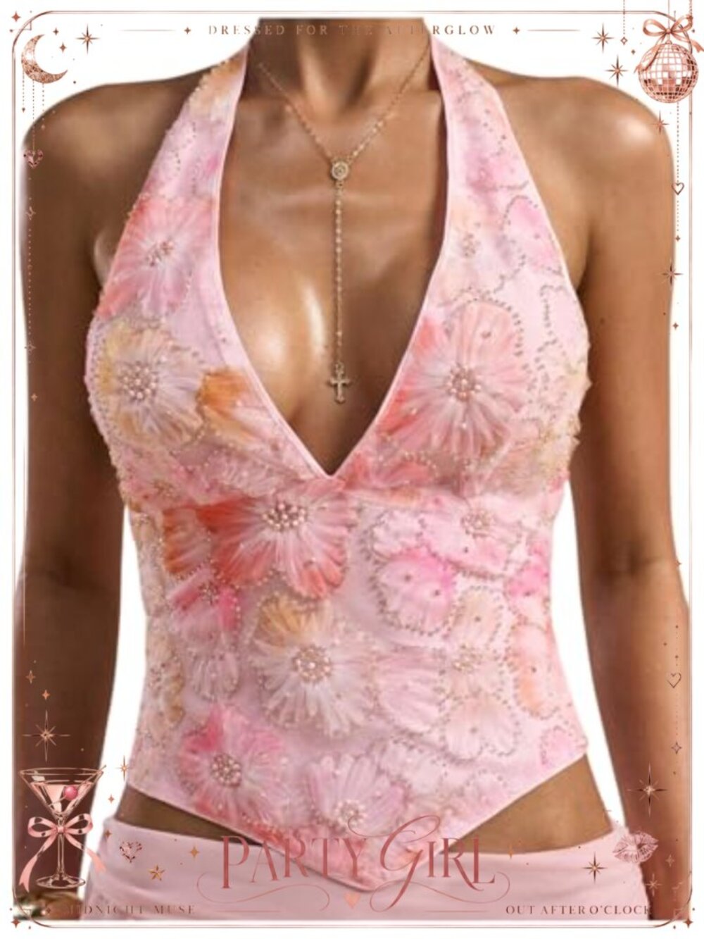 Y2K Floral Sequin Halter Top Beaded Deep V Neck Backless Sleeveless Rave